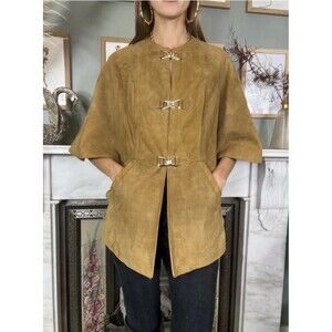 Mod Brown Suede Leather Cape, Gold Toggles, VTG 60s Designer Daniel Phillipé